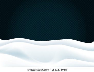 Snowy landscape isolated on dark transparent background. Vector illustration of winter decoration. Snow background. Snowdrift. Concept of Merry Christmas and Happy New Year.