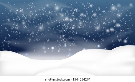 Snowy landscape isolated on dark background.Christmas,  Holiday winter landscape for Merry Christmas. Winter background with snow. Christmas snow surface. 