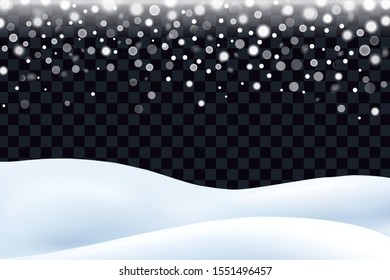 Snowy landscape isolated on dark transparent background. Vector illustration of winter decoration. Snow background. 