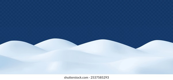 Snowy landscape isolated on dark transparent background. Snow hills background. Snowdrift design element. Game art concept. Vector illustration