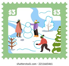 Snowy landscape with kids sculpting snowman outdoors. Isolated postmark or postcard for winter holiday and seasonal events. Stamp for letter, postal mark or card with price. Vector in flat style