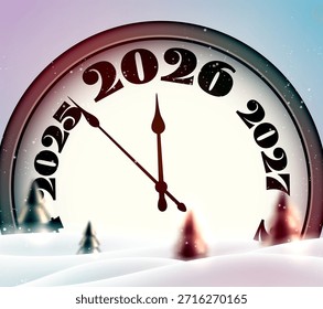 Eine verschneite Landschaft mit einer großen Uhr zeigt Mitternacht nähert sich, wie 2026 beginnt. Vektorgrafik für Neujahr.