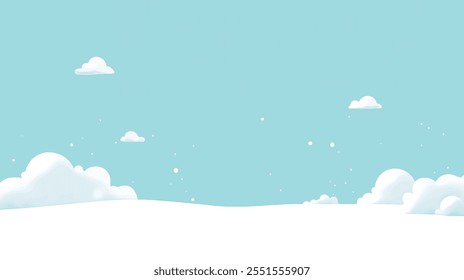 Snowy landscape with light blue sky and fluffy clouds.