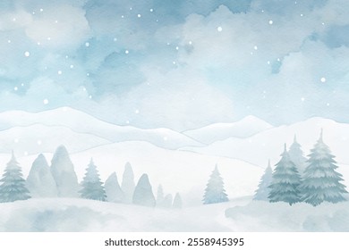 A snowy landscape with mountains in the background and trees in the foreground. The sky is blue and cloudy, and there are snowflakes falling. Concept of calm and serenity