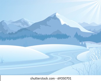 Snowy landscape with mountains, forests and snow fields.