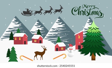  A snowy landscape with mountains houses a Christmas tree a snowman reindeer Santa's sleigh candy canes snowflakes and the text Merry Christmas