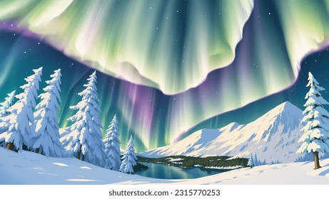 Paisaje nevado con montañas, pinos y auroras boreales durante la noche ilustración de pintura dibujada