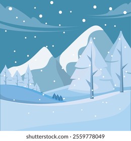 Snowy landscape with mountains and pine trees Vector