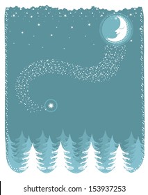 Snowy landscape with nice moon.Vector christmas card for design