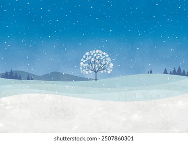 Snowy landscape at night and a large white tree