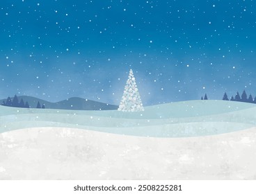 Snowy landscape at night and a white Christmas tree