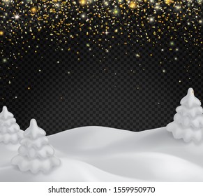 Snowy landscape on black background. Winter scene with golden glittering snowflakes and snowy christmas trees