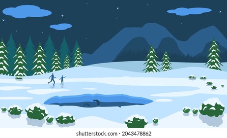 A Snowy Landscape With People, Mountains, Christmas Trees And An Ice Hole Where Fish Splashes
