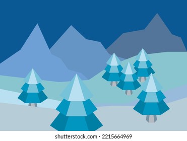 Snowy landscape with pine and fir trees.