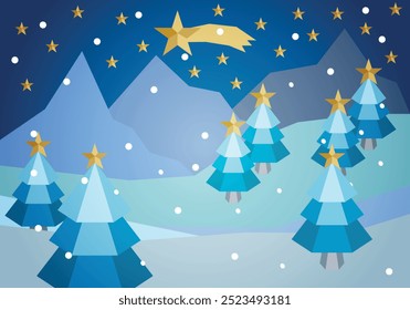 Snowy landscape with pine trees and golden stars