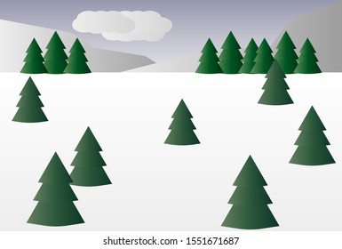 Snowy landscape with pine trees and mountains.
