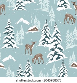 Snowy landscape seamless vector pattern with deer, chalet and snowy pine trees. Perfect for textile, wallpaper or print design.