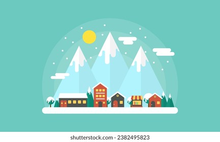 Snowy Landscape Ski Resort. Vector Illustration Night in Mountains. Flat Design Style Winter Background
