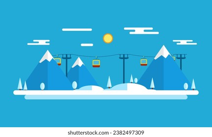Snowy Landscape Ski Resort. Vector Illustration Night in Mountains. Flat Design Style Winter Background