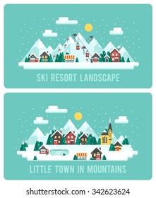 Snowy Landscape Ski Resort. Vector Illustration Night in Mountains. Flat Design Style Winter Background