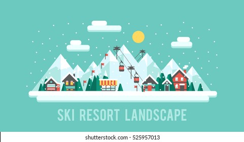 Snowy Landscape Ski Resort. Vector Illustration Night in Mountains. Flat Design Style Winter Background