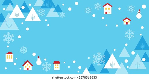 
Snowy landscape, small house and trees background, vector illustration