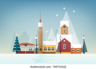 Snowy landscape with small mountain town. City street with beautiful antique towers and houses decorated for New Year or Christmas celebration. Colorful festive vector illustration in flat style.