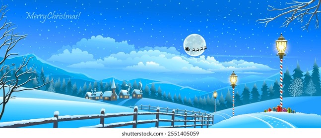 Snowy landscape with a small town, Christmas gifts and a chariot flying into the night