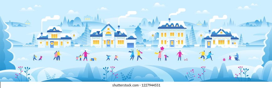 Snowy landscape with small town. Crowd of tiny people dressed in winter clothes or outerwear. City street with beautiful houses decorated for New Year or Christmas celebration. Festive flat vector