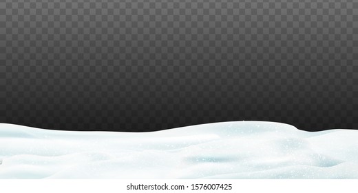 Snowy landscape with snow-covered hills isolated on dark transparent background. Vector illustration of winter decoration.  Snowdrift design element.