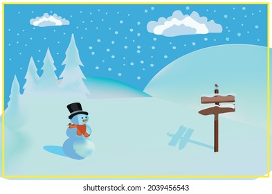 snowy landscape with snowman and sign