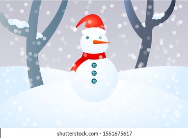 Snowy landscape with snowman in winter.