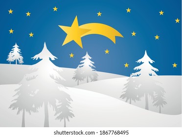 Snowy landscape with stars at night.