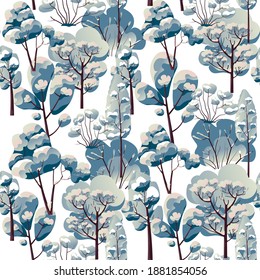 Snowy landscape with trees, bushes and branches covered with snow. Frozen forest or woods seamless pattern with hoarfrost. Wintery scenery with cold stormy weather outside. Vector in flat style