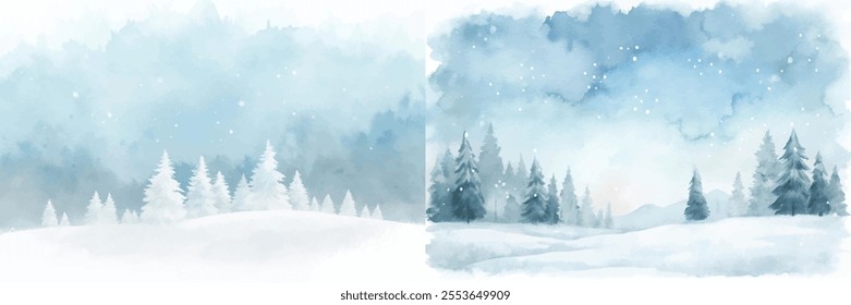 A snowy landscape with trees and a field. Scene is peaceful and serene, with the snow covering the ground and the trees standing tall. The idea behind the image is to capture the beauty of winter