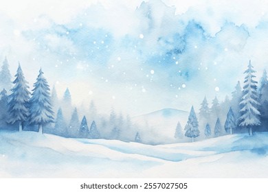 A snowy landscape with trees and a mountain in the background. The sky is blue and the snow is falling