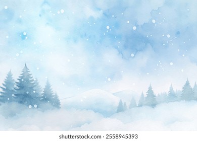 A snowy landscape with trees and mountains in the background. The sky is blue and the snow is falling