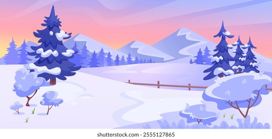 Snowy landscape with trees and mountains at sunset. Vector illustration