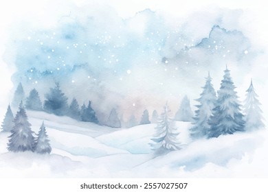 A snowy landscape with trees and a sky. The sky is blue and the snow is falling