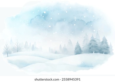 A snowy landscape with trees and a sky. The sky is blue and the snow is falling