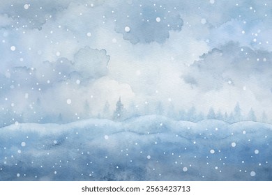 A snowy landscape with trees and a sky. The sky is cloudy and the snow is falling