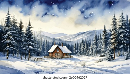 A snowy landscape watercolor with a cabin in the middle.