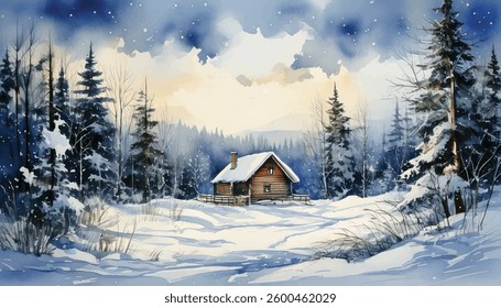 A snowy landscape watercolor with a cabin in the middle.