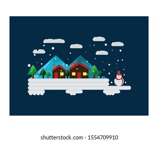 Snowy landscape with winter village in the mountains. Rustic with snowy wooden houses at night. There are Snow dolls ready to accompany you