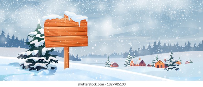 Schneebedeckte Landschaft und Holzschildkrötenvektor. Weihnachtslandschaft, Dorf im Schnee, Wald und Tannenbäume. Plakatwerbung, Schneeflocken, Neujahr oder Weihnachtszeit auf dem Lande