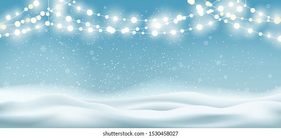 Snowy lights scene image. Winter light background with snow fall and snowdrifts, christmas coming nature landscape graphic, holidays outdoor illustration vector illustration