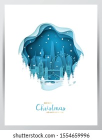 Snowy London city. Paper art greeting card. Merry Christmas and Happy New Year London. Vector illustration.