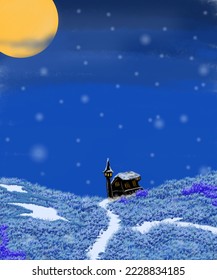 papel tapiz de fondo de la pradera de nieve con casa soltera en la lluvia de nieve y luna en la noche nevada
