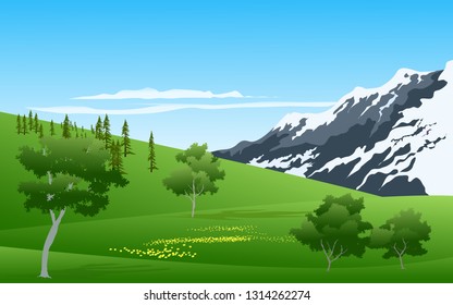 snowy mountain in green field vector