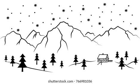 snowy mountain and house - black and white vector illustration